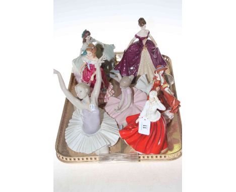 Three Royal Doulton figures, two Coalport and three Nao ballerinas.