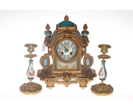 Ormolu and enamel three piece clock garniture with floral, classical scene decoration and Roman numerals.