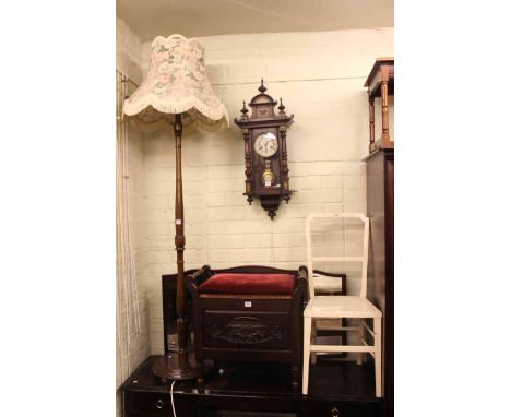 Oak bureau, blanket box, standard lamp, Victorian wall clock, music stool, coffee table, folding table-screen, pair painted m