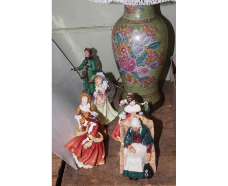 Six Royal Doulton ladies including Forty Winks, Sandra, Michele, together with an Ice Skating lady and a floral lamp with sha