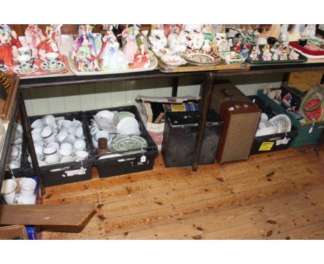 Five boxes of china and ornaments, vintage record player with LP's and 45's, books etc 