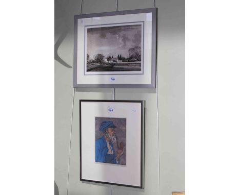 Rowland Hilder, Oast Houses, framed print, signed and numbered in the margin and Agnes Reeve, Pipe Smoker, hand painted woodc