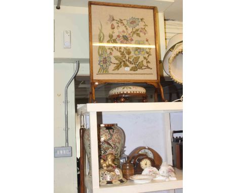 Copper warming pan, firescreen, beadwork stool, three wood mantel clocks, Oriental jar and cover, Stuart Crystal decanter, et