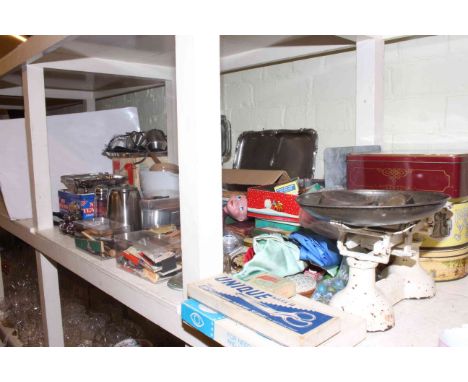 Kitchen scales and weights, Pelham puppet, marbles, kitchenalia, fans, sewing accessories, etc.