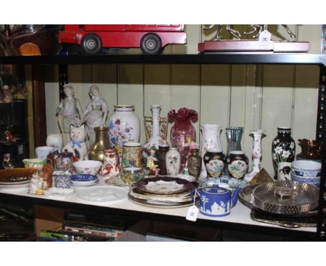 Shelf of Masons, silver plated ware, Aynsley, glass, Beswick.