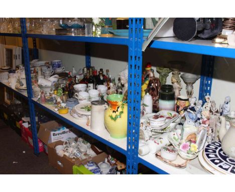Large collection of china including Worcester Evesham, teaware, figurines, bottles of spirits, cake plates, etc.