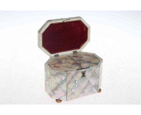 19th Century mother of pearl twin compartment tea caddy raised on four bun feet.