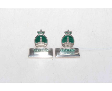Pair of silver and green enamel menu holders, the oval depicting The Royal Exchange, London, above R.E.A. 1720, Birmingham 19