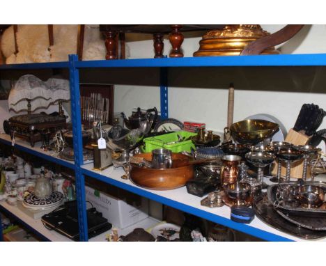 Collection of silver plated ware, canteen of cutlery, small stool, table lamps, kitchen scales, clocks, etc.