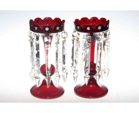 Pair of ruby glass lustres with floral decoration and clear glass drops.