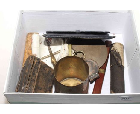 Collection of military collectables including Boer War handkerchief, trench art soldiers cap and bullet made into a knife, co