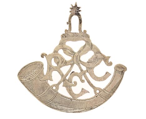 Ripon Cadet Corps, Yorkshire cap badge.  Good rare engraved sheet silvered white metal strung bugle horn, the cords entwined 