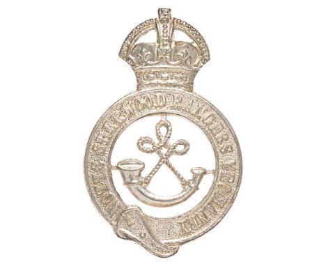 Notts, Sherwood Rangers Yeomanry pre 1952 Officer cap badge.   Good die-cast silver-plated crowned title strap; strung bugle 