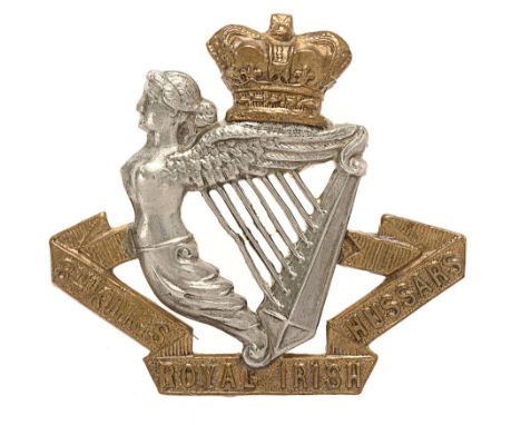 8th Kings Royal Irish Hussars Victorian cap badge circa 1896-1901.  Good scarce die-stamped brass crowned white metal Maid of