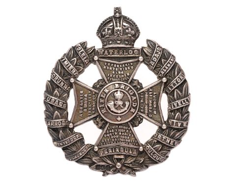Rifle Brigade WW1 1915 HM silver Officer cap badge.   Fine Birmingham hallmarked die-cast crowned WATERLOO tablet on Maltese 