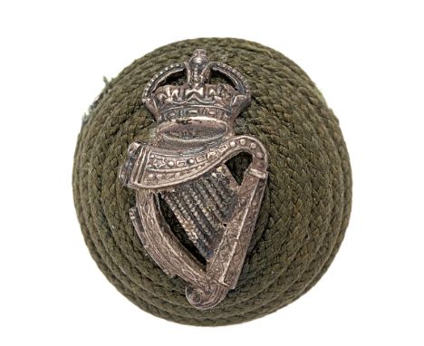 London Irish Rifles post 1901 Officer dark green cord boss bearing silvered badge.  Badge being wide crowned Harp.    Wires  