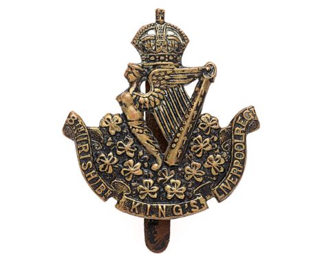 8th (Irish) Bn. Kings Liverpool Regiment cap badge circa 1908-22.  Good scarce die-stamped blacked brass crowned Maid of Erin