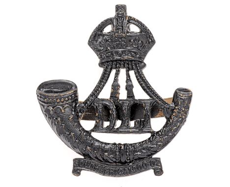 5th, 7th, 8th &amp; 9th Bns. Durham Light Infantry OSD cap badge circa 1908-52.  Good scarce die-cast blackened crowned strun