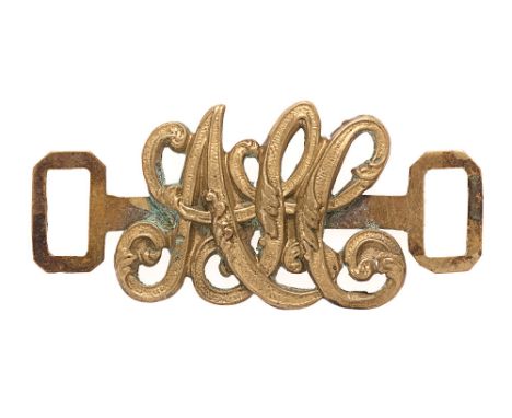 Army Pay Corps helmet plate centre badge circa 1893-1914.  Good scarce brass bar mounted with APC cypher; square loop either 