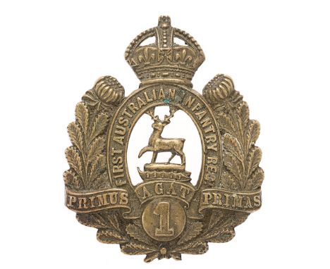 1st Australian Infantry Regiment slouch hat badge c1901-12.  Good scarce die-stamped brass crowned oval FIRST AUSTRALIAN INFA