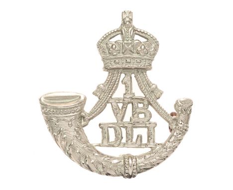 1st  (Stockton on Tees) VB Durham Light Infantry DLI cap badge circa 1901-08.  Good scarce die-stamped white metal crowned st