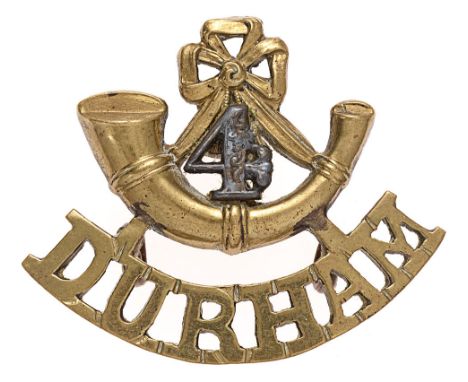 4th Militia Bn Durham Light Infantry Officer shoulder title badge c1881-1908.  Good scarce die-cast gilt strung bugle on DURH