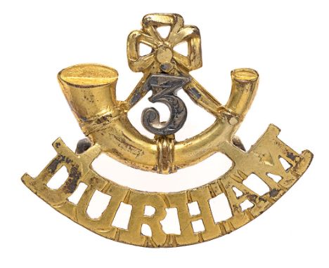 3rd Militia Bn Durham Light Infantry Officer shoulder title badge c1881-1908.  Good scarce die-cast gilt strung bugle on DURH