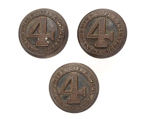 3 x 4th (Rossendale) Lancashire Rifle Volunteers Officer buttons circa 1859-80.  Good rare examples bearing LANCASHIRE RIFLE 