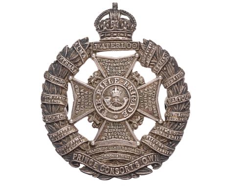 Rifle Brigade 1935 HM silver Officer cap badge.   Fine Birmingham hallmarked die-cast crowned WATERLOO tablet on Maltese cros