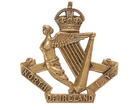 Irish. North of Ireland Imperial Yeomanry Edwardian cap badge circa 1902-08.  Fine scarce smaller die-stamped brass crowned M