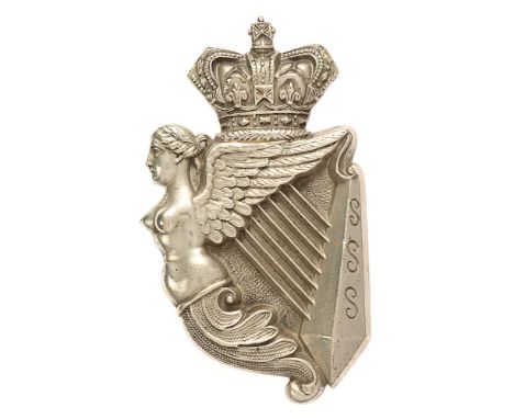 5th Royal Irish Lancers Victorian NCO arm badge.  Good scarce white-metal crowned Maid of Erin Harp of hollow construction wi