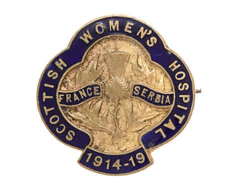 Scottish Women’s Hospital 1914-19 Service badge.  Good scarce die-cast gilt brass example. Thistle flanked in blue enamel by 