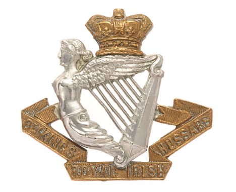 8th Kings Royal Irish Hussars Victorian cap badge circa 1896-1901.  Good scarce die-stamped brass crowned white metal Maid of