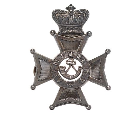 4th Middlesex Rifle Volunteers Victorian Officer cap badge.  Good scarce die-stamped silvered crowned Maltese cross, circlet 
