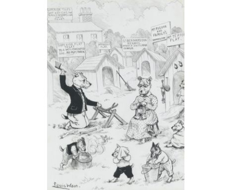 Louis Wain (British, 1860-1939) The Happy Family of Dogville signed 'Louis Wain' (lower left) pen and ink 35.5 x 25.5cm (14 x