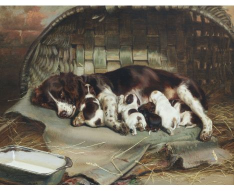 William Henry Hamilton Trood (British, 1860-1899)Motherhood - A Springer Spaniel and Her Litter signed and dated 'W.H.Trood/1