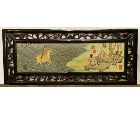 LARGE CHINESE CERAMIC TILE HANDPAINTED (REPAIRED) WITH IMPERIAL COLLECTION OF SEALS IN WOODEN CARVED LACQUERED FRAME 20th CEN