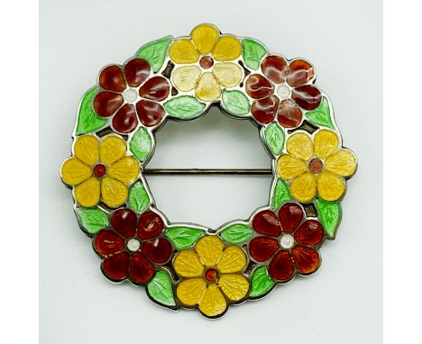 VINTAGE HALLMARKED STERLING SILVER AND ENAMEL FLORAL BROOCH BY A H DARBY &amp; SON 
