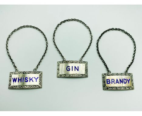 SET OF THREE HALLMARKED SILVER &amp; ENAMEL DECANTER LABELS BY TURNER &amp; SIMPSON 1961