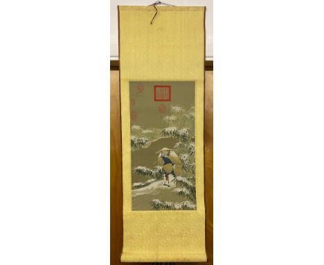 A CHINESE SCROLL EMBROIDERY  AFTER "FISHERMAN ON A SNOWY DAY" BY AN ANONYMOUS TANG DYNASTY / FIVE DYNASTIES ARTIST20th CENTUR