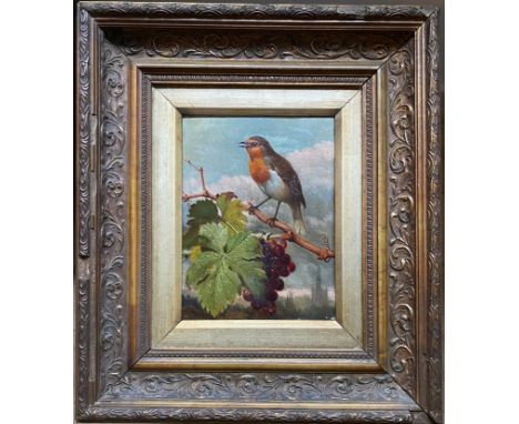 Attributed to Eloise Harriet Stannard S.W.A. (1838-1915). British. Oil on canvas. “A Robin Sitting on a Grape Vine”.Measures 