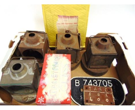 ASSORTED RAILWAYANA comprising four hand-lamps; spare lamp glass; a cast iron wagon plate, 'B 743705 / 13 T / Swindon 1960 / 