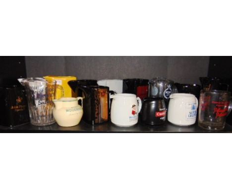 BREWERIANA & TOBACCIANA - SIXTEEN CERAMIC & GLASS WATER JUGS of tobacco interest, including Wills's Woodbines (x2), Senior Se