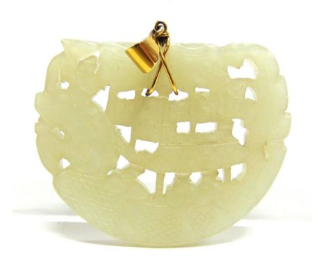 A CARVED JADE PENDANT carved as a dragon boat, of semi-circular form, 5.7cm long