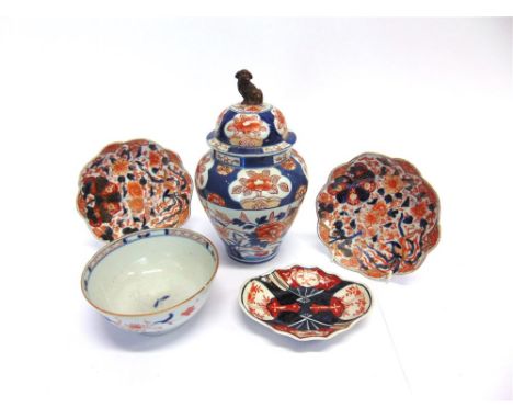 A COLLECTION OF IMARI CERAMICS  including baluster shaped jar and cover with dog of Fo finial 25cm high, pair of lobed dishes