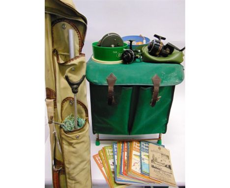 A GROUP OF FISHING ACCESSORIES to include: a Mitchell 308, Daiwa 123m, Rapidex reels, seat, rod rest, net, handbooks, Ordnanc