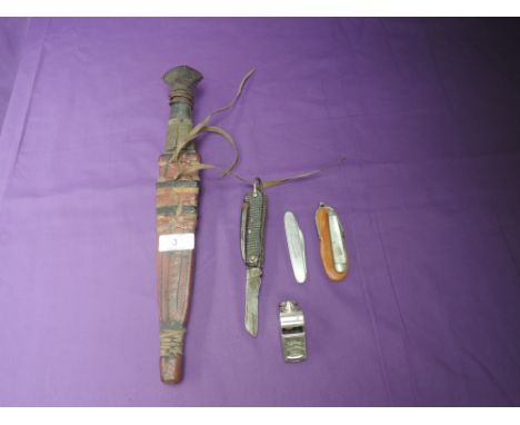 A vintage Tribal Knife with leather scabbard, total length 36cm, a Military Pen Knife with pick, blade marked William Rodgers