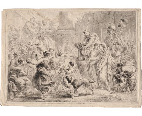 Rode, Christian Bernhard -- Sauls Triumph über Davids Sieg. Radierung. 39 x 56,2 cm. 1780. Nagler 13, Jacobs 12. Wz. Gekrönte