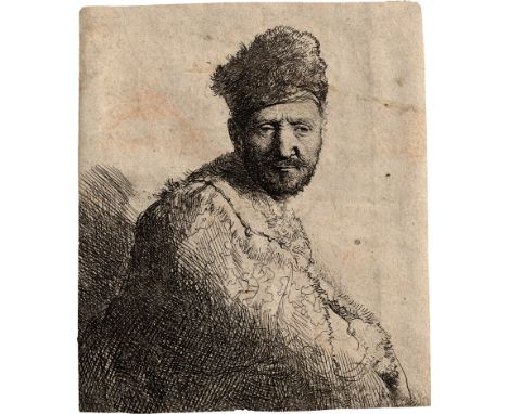 Rembrandt Harmensz. van Rijn -- Mann mit kurzem Bart, in gesticktem Pelzmantel. Radierung. 12 x 10,4 cm. 1631. B. 263, White/