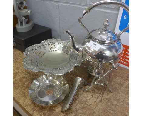Silver plated items including a spirit kettle and stand 